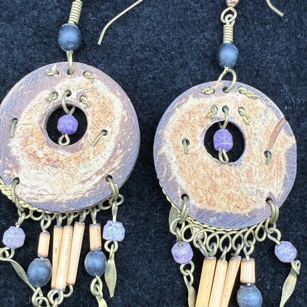 Vintage Bohemian Purple and Gold Sunburst Drop Earrings - Picture 2 of 3